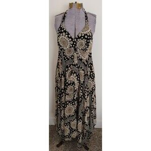 Y2k Vtg INC Silk Slip Halter Dress Black Asymmetrical Hem Midi 6/8 Black Geo